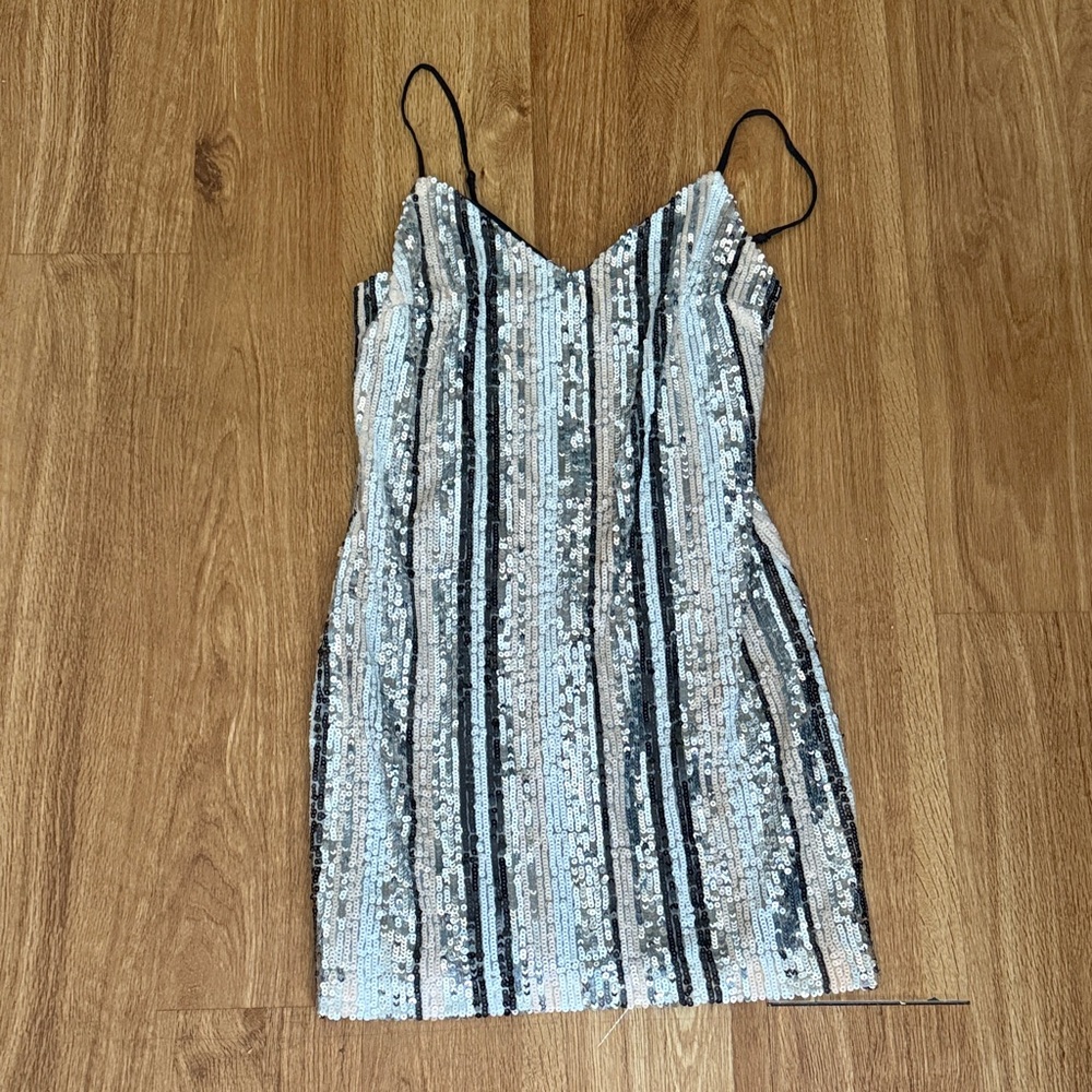 Lush Striped Sequin Mini Dress in Black and Silver